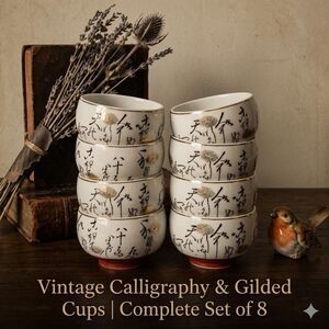 Vintage Japanese Calligraphy & Gilded Thistle Tea Cups - Set of 8